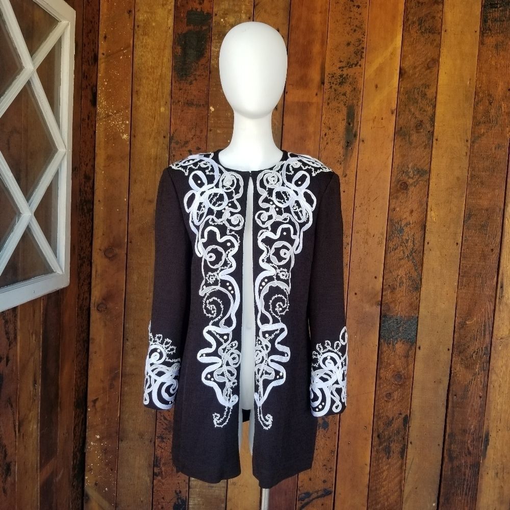 St John Knits Novelty Knit Jacket Mahogany/White